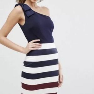 Ted Baker London Hilila One-Shoulder Rowing Stripe Dress Navy/Pink Sz 4 NWT $309